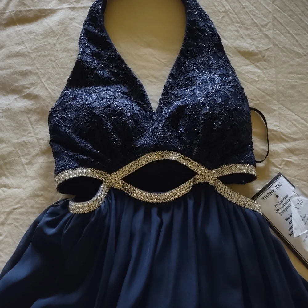 Navy Blue Long Halter top Evening gown, Sequin - Picture 10 of 10